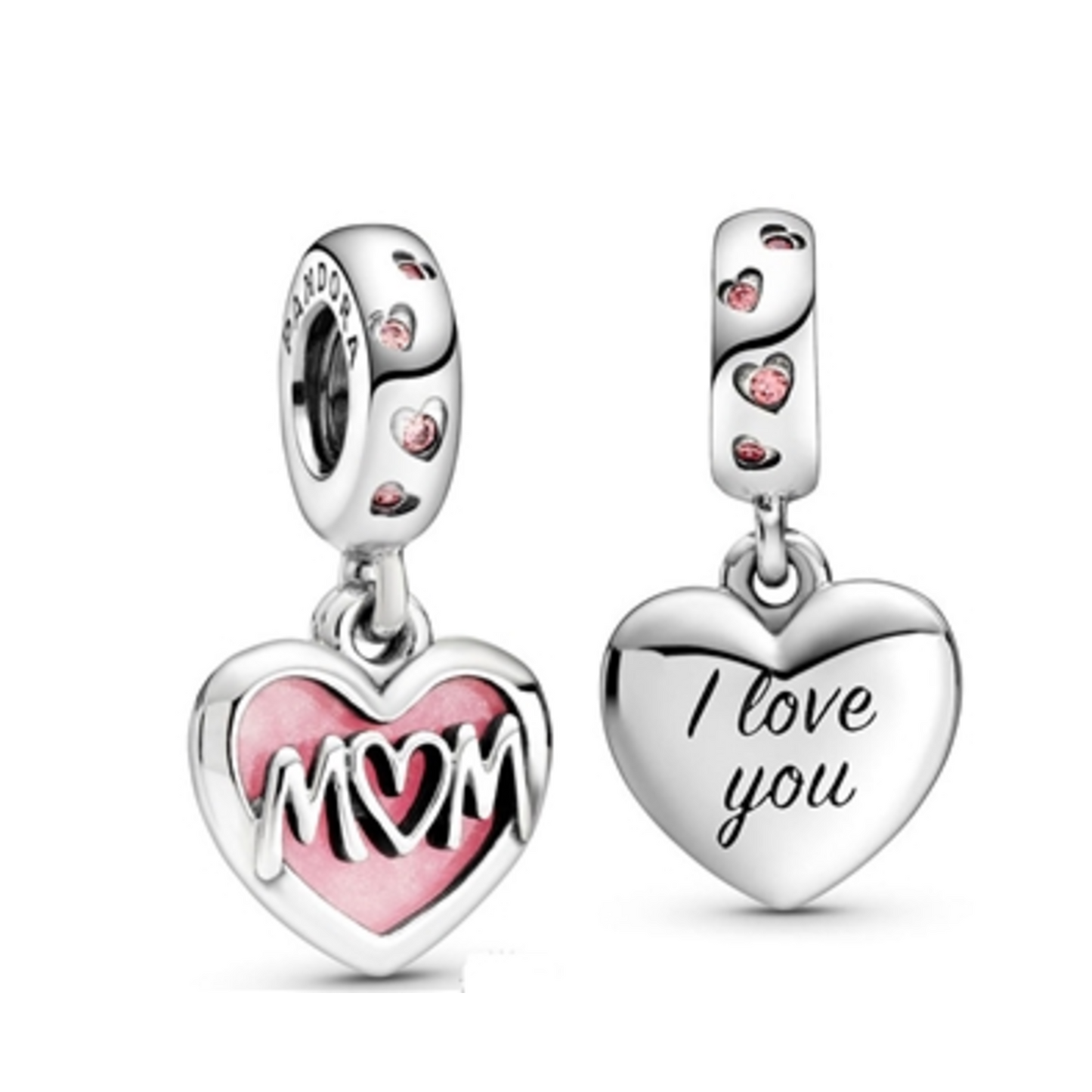 MOM SCRIPT HEART DANGLE CHARM, SILVER/PINK