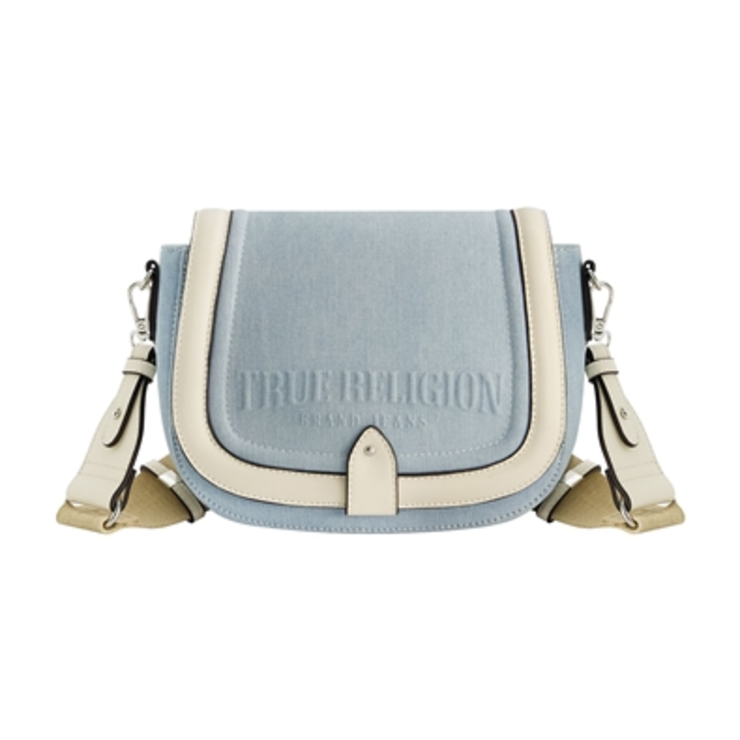 DISTRESSED LOGO DENIM SADDLE BAG, LIGHT BLUE