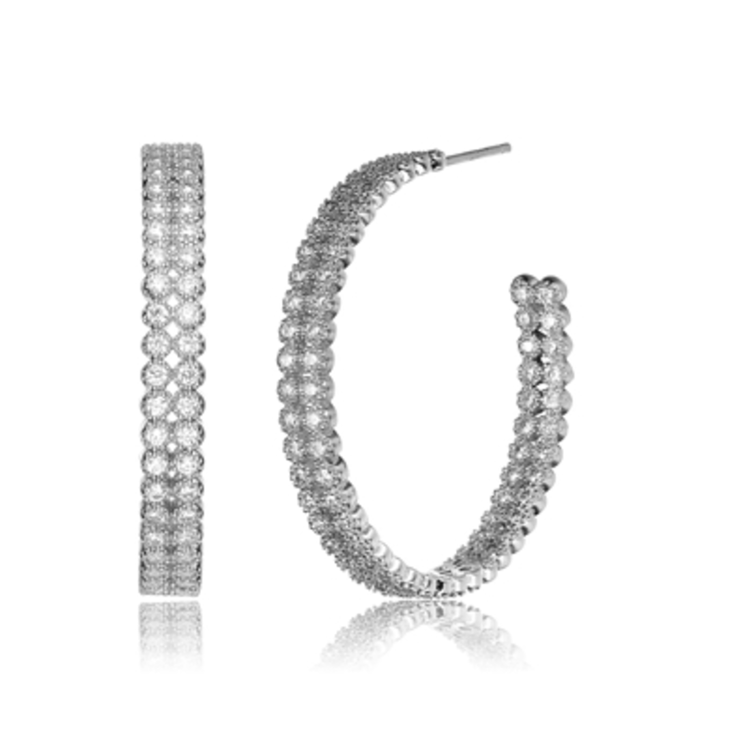 STERLING SILVER CZ PAVE HOOP EARRINGS, CLEAR, 1.38