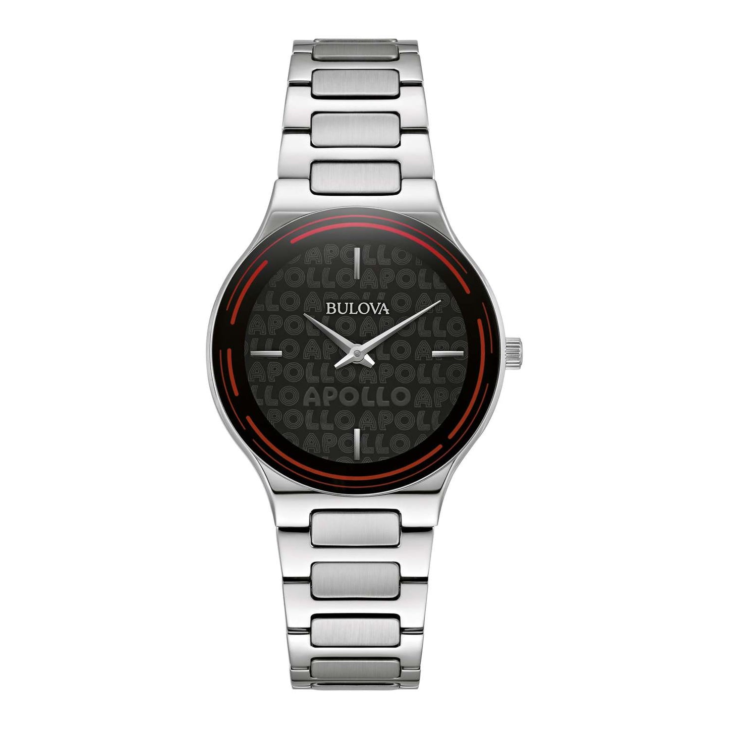 LADIES' APOLLO SILVER-TONE STAINLESS STEEL WATCH, BLACK MARQUEE DIAL