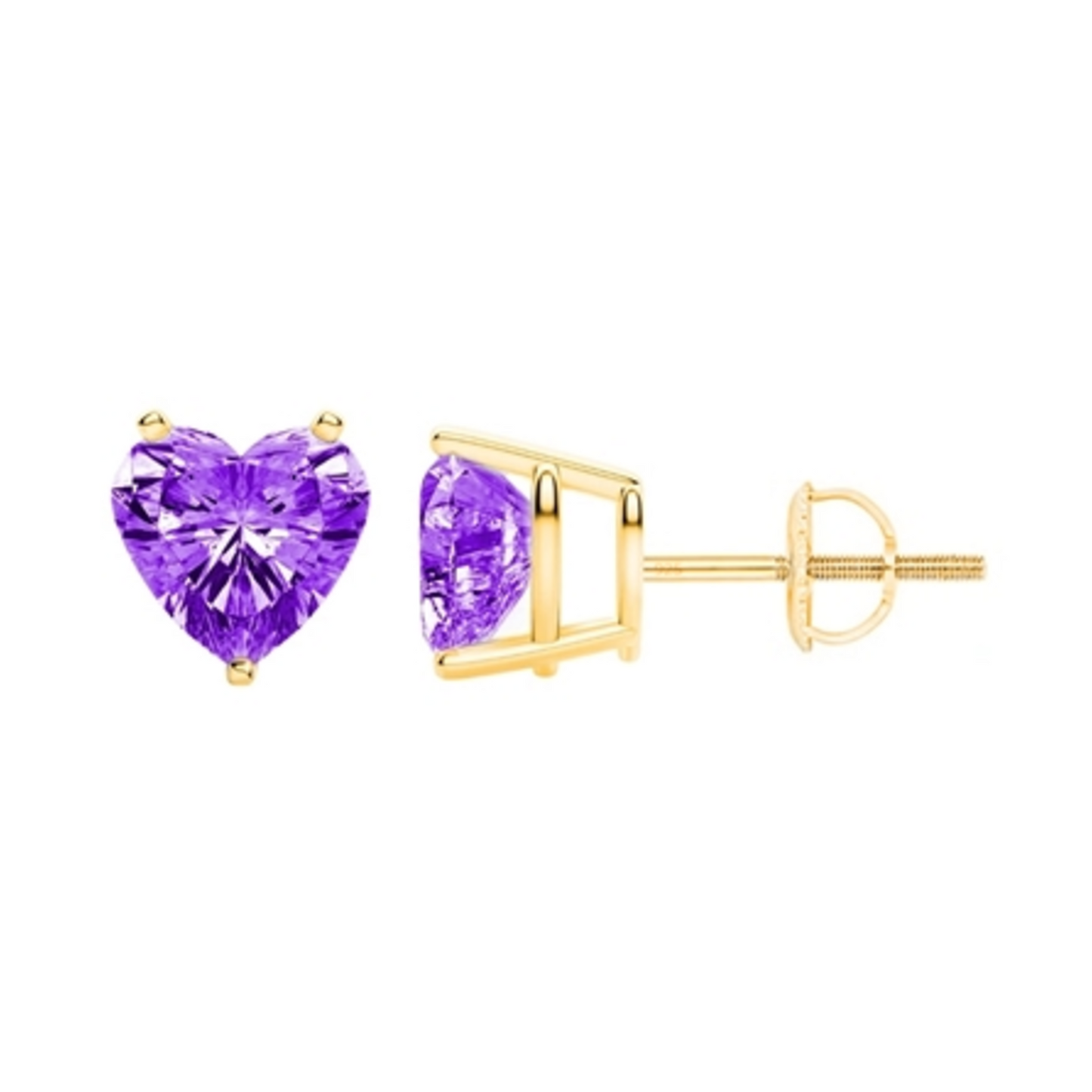 HEART AMETHYST SCREW BACK STUDS, GOLD, 6MM