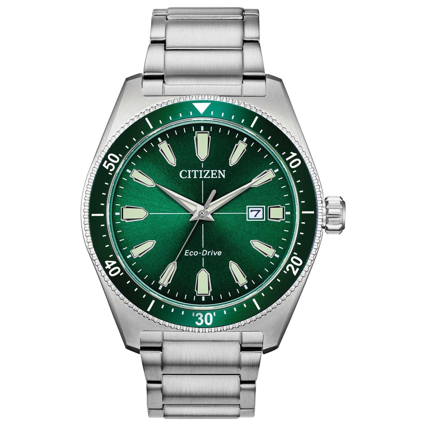 MEN'S BRYCEN ECO-DRIVE SILVER-TONE STAINLESS STEEL WATCH, PINE GREEN DIAL