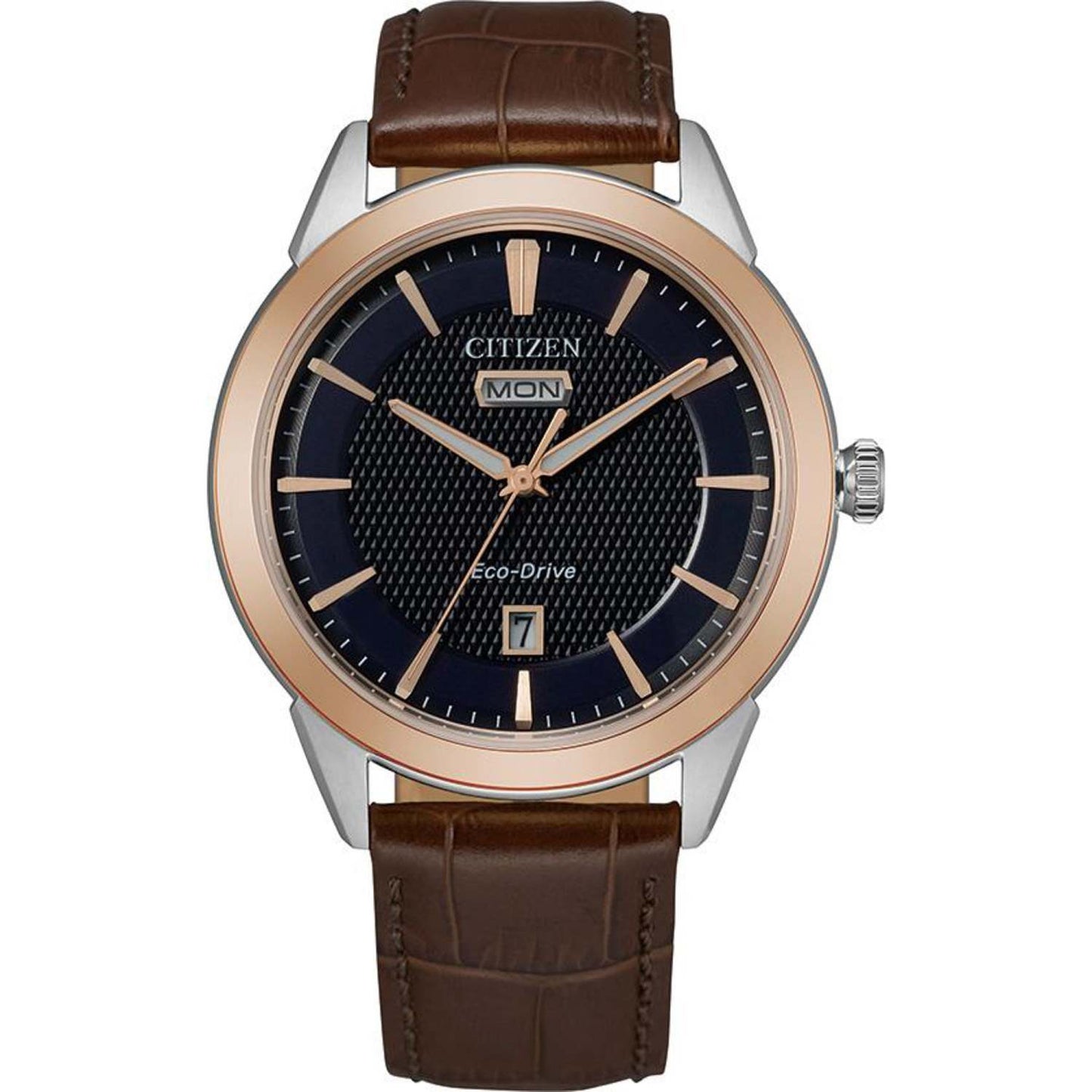 MEN'S ROLAN ECO-DRIVE BROWN LEATHER STRAP WATCH, NAVY DIAL