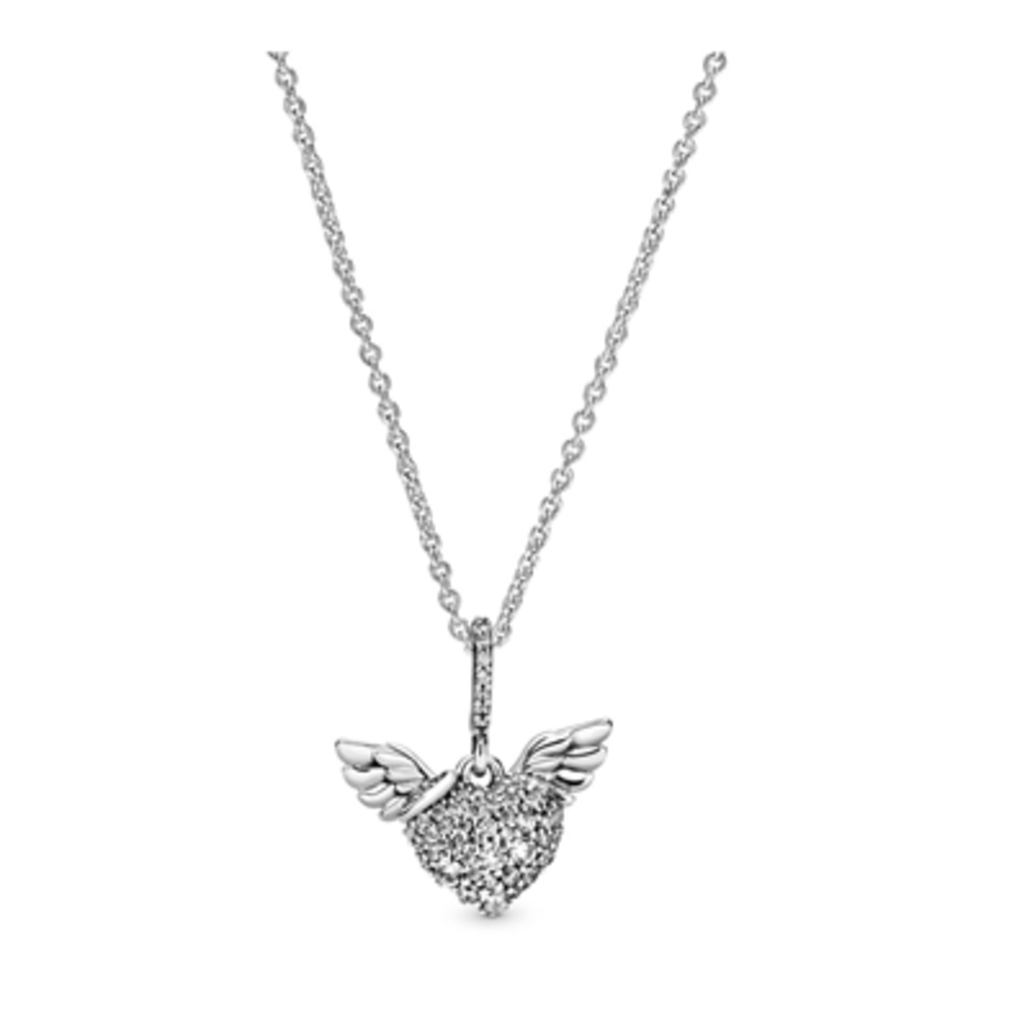 PAVÉ HEART AND ANGEL WINGS NECKLACE, CLEAR