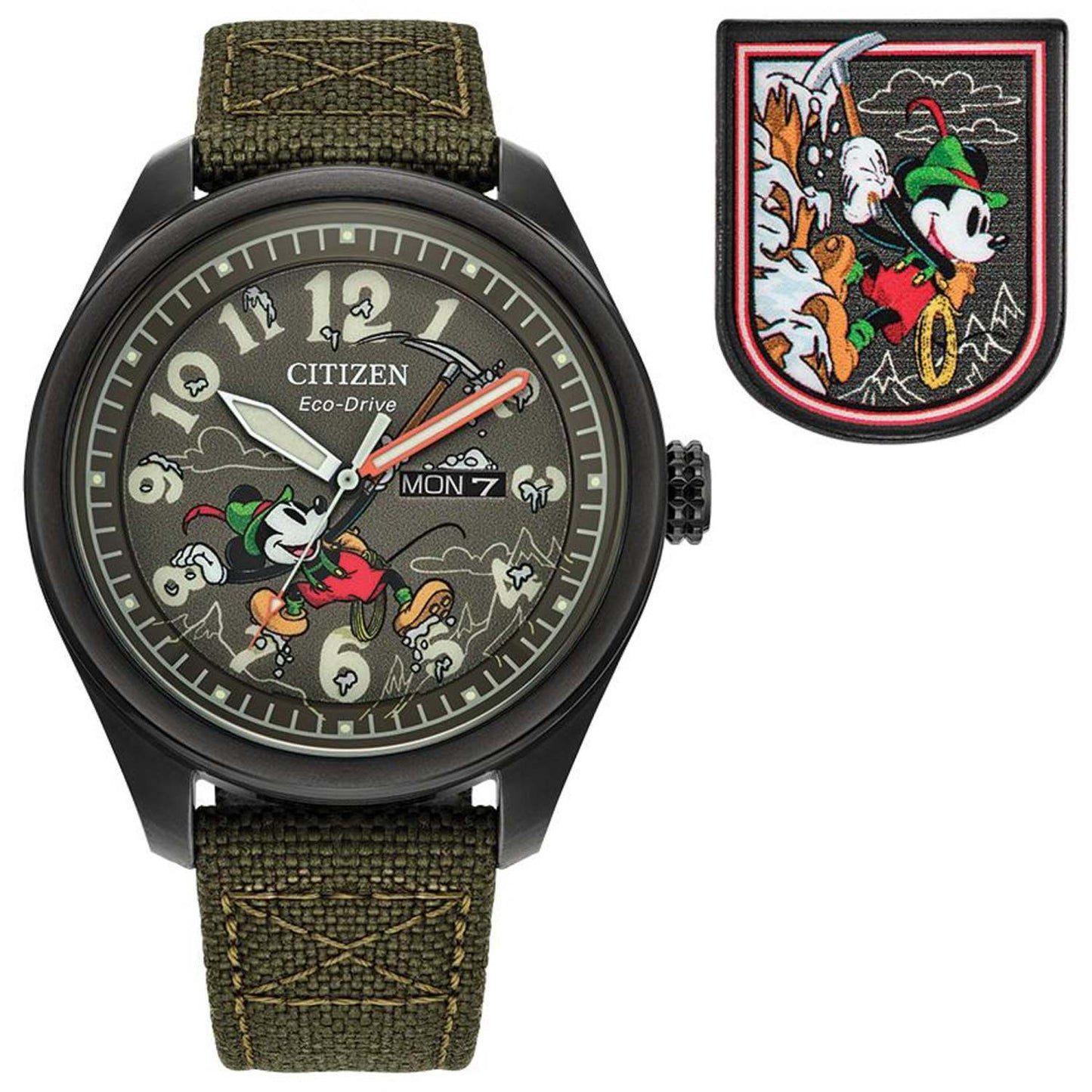 MEN'S ALPINE MICKEY MOUSE ECO-DRIVE OLIVE GREEN CORDURA STRAP WATCH, GREEN DIAL