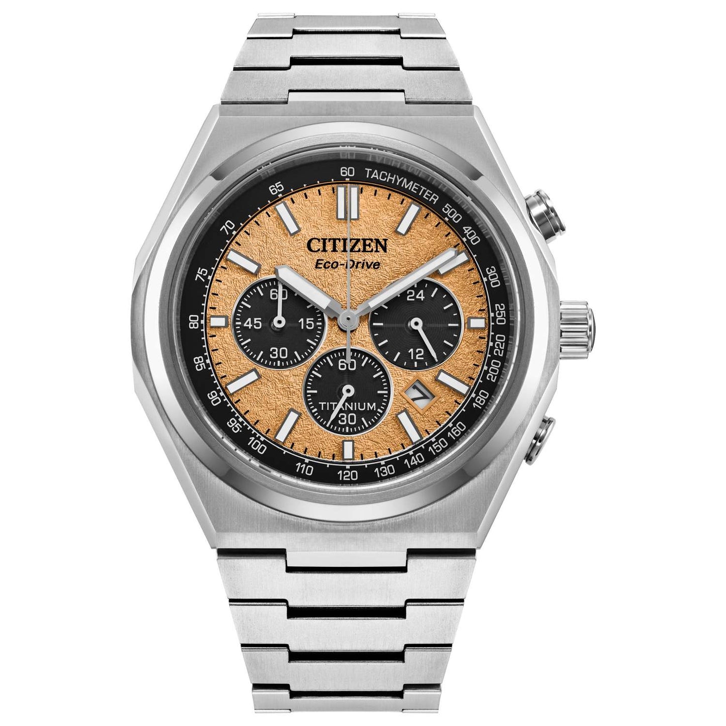 MEN'S ZENSHIN CHRONO SUPER TITANIUM ECO-DRIVE SILVER-TONE SS WATCH, SALMON DIAL