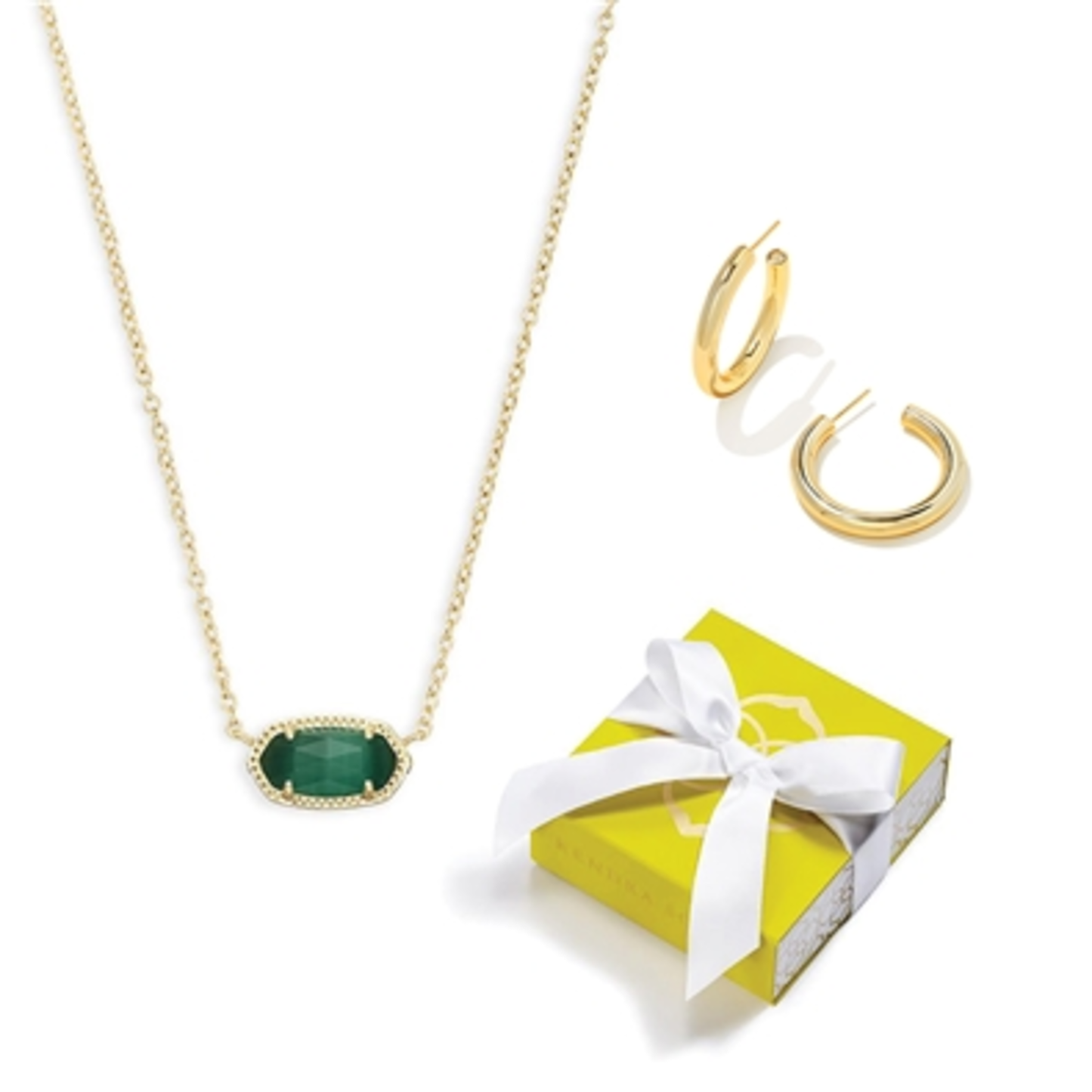 ELISA NECKLACE AND COLETTE EARRINGS SET, GOLD/EMERALD CAT'S EYE