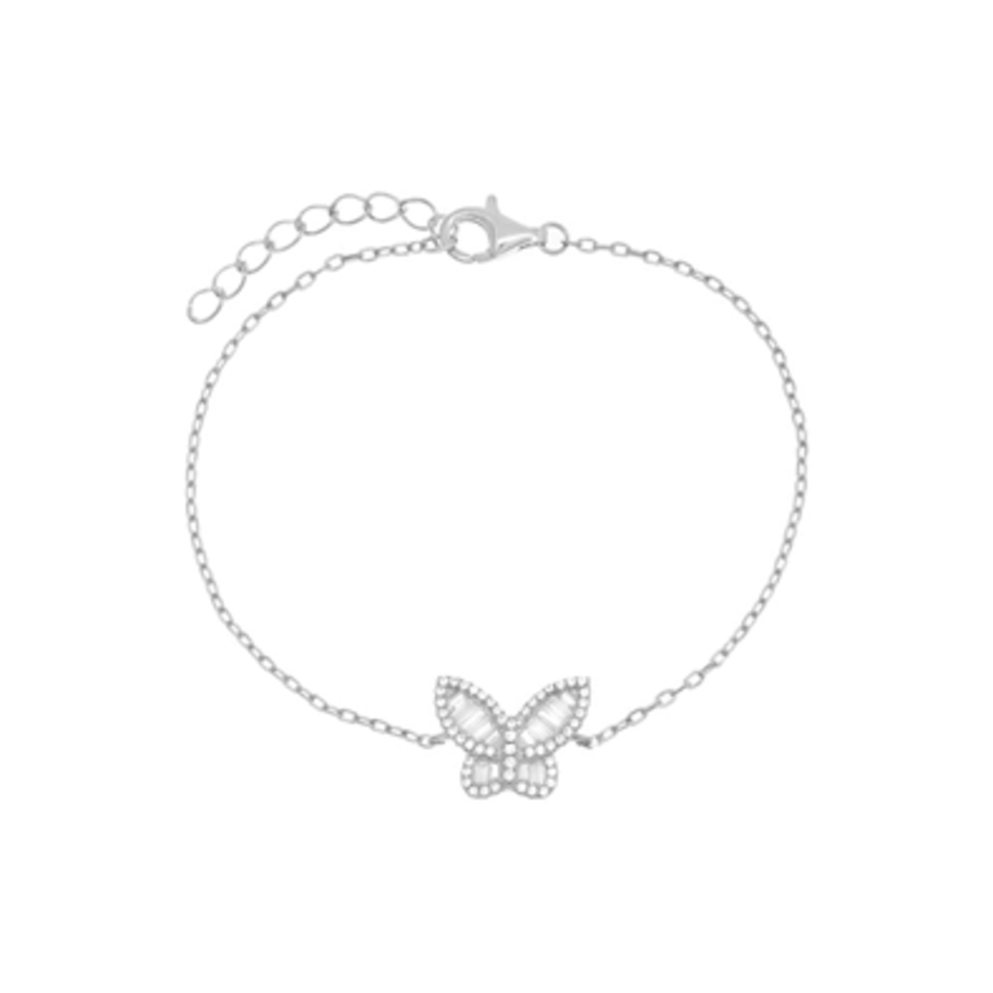BAGUETTE X PAVE BUTTERFLY BRACELET, SILVER, 7"