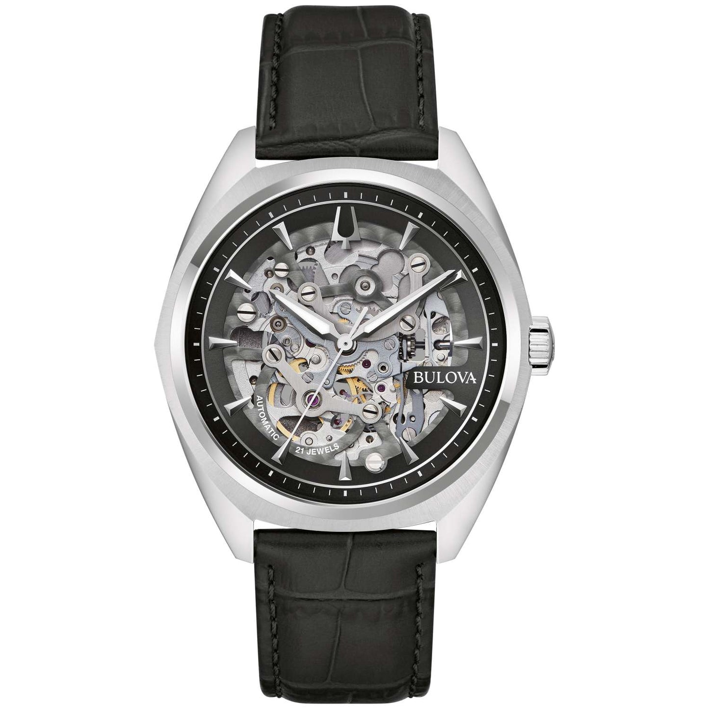 MEN'S SURVEYOR AUTOMATIC BLACK LEATHER STRAP WATCH, SILVER SKELETON DIAL