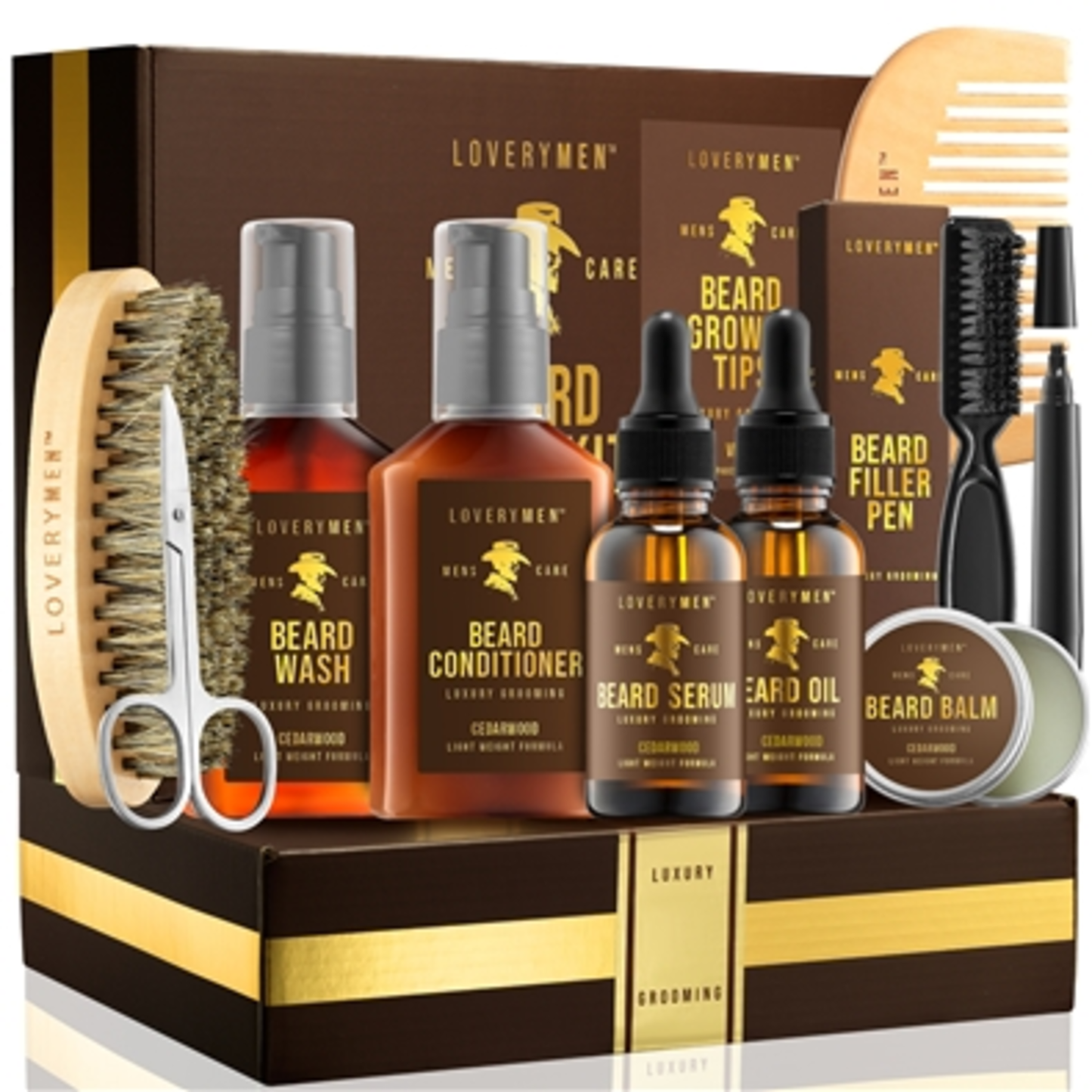 LOVERYMEN BEARD CARE KIT, BROWN, GOLD, 12 PIECES