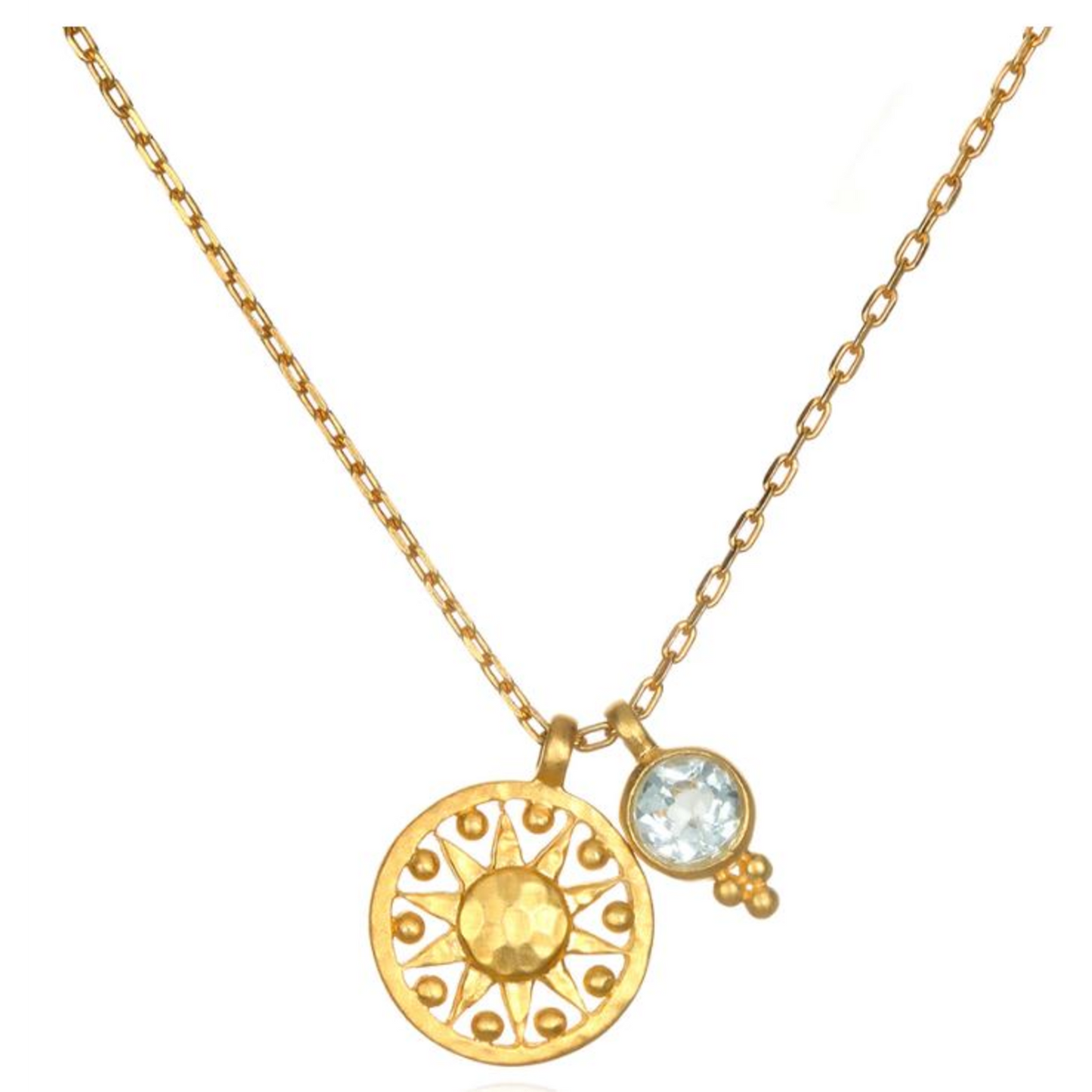 SATYA BLUE TOPAZ GOLD SUN 18 INCH PENDANT NECKLACE