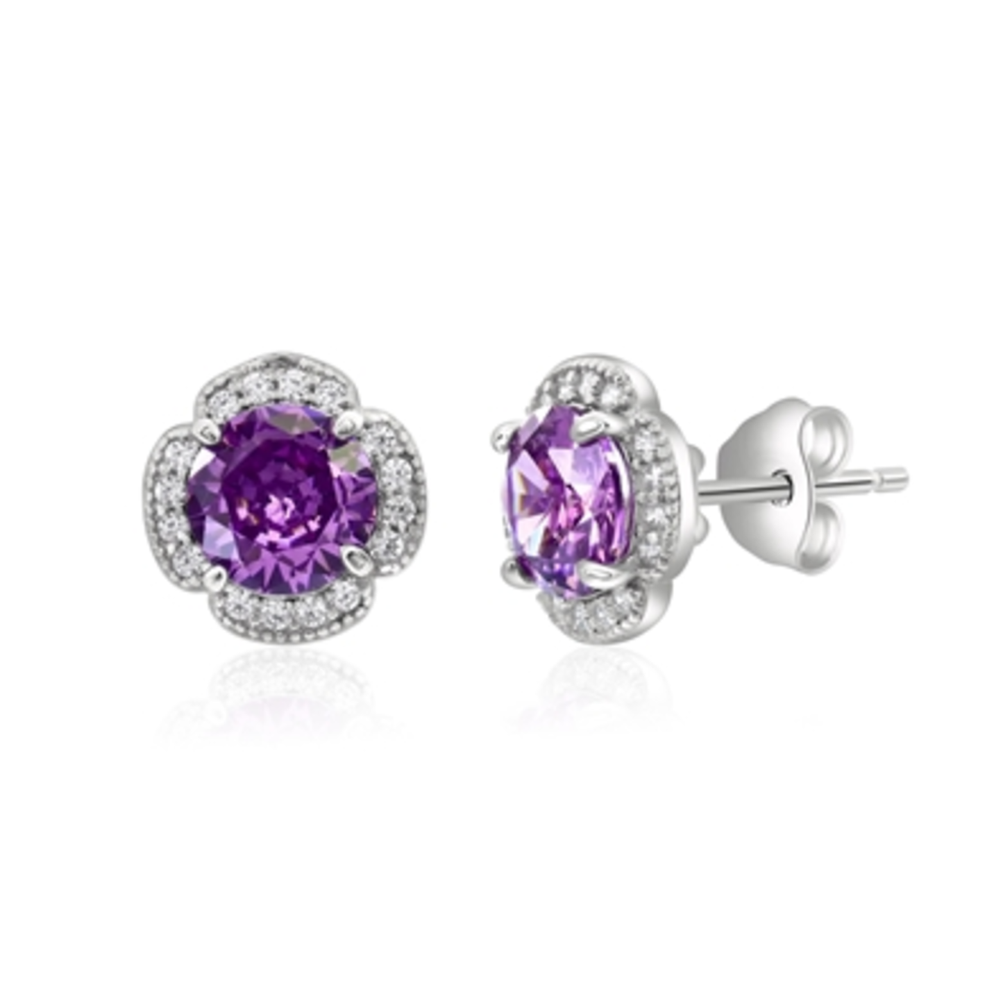STERLING SILVER AMETHYST HALO STUDS, FLORAL, 6MM