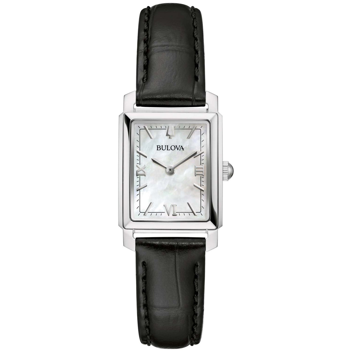 LADIES' SUTTON GOLD & BLACK LEATHER STRAP RECTANGLE WATCH, MOTHER-OF-PEARL DIAL
