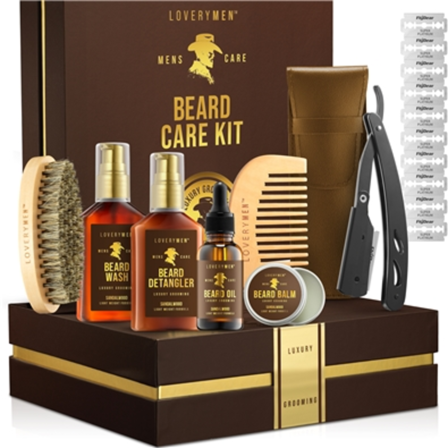 LOVERYMEN BEARD CARE KIT, BROWN, GOLD, 11 PIECES