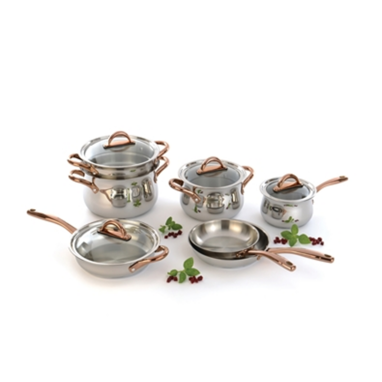 OURO GOLD 18/10 SS COOKWARE SET, GLASS, SILVER/ROSE GOLD, 11-PC