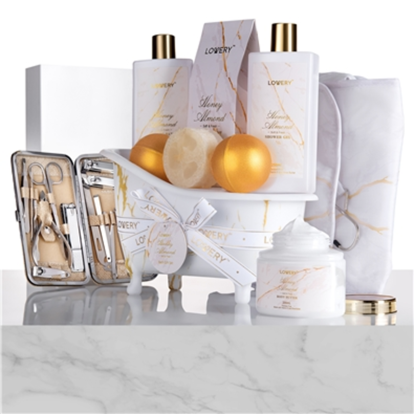 GOLD MARBLE BATH SPA GIFT BASKET, WHITE, GOLD, MARBLE, 31 PIECES