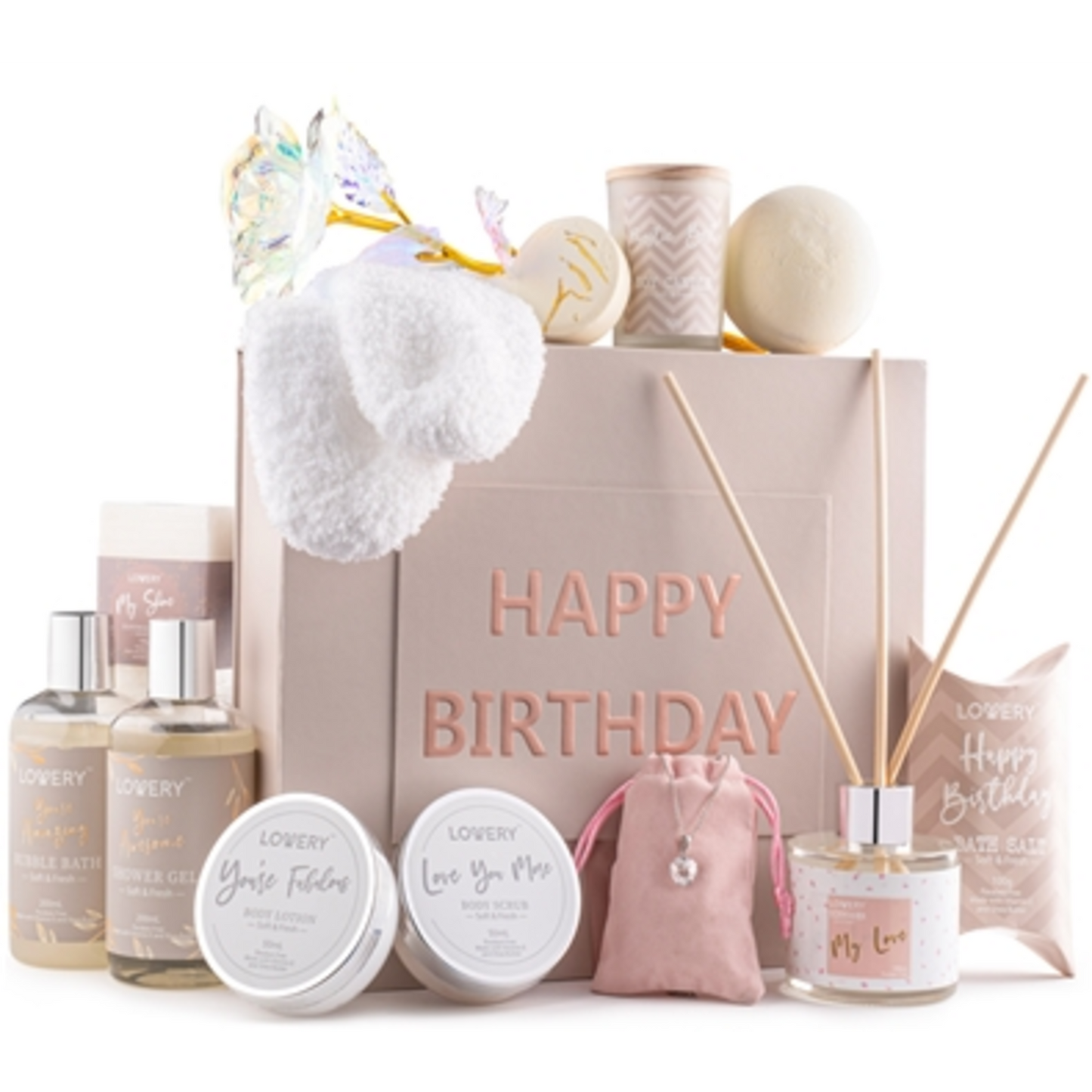 BIRTHDAY HOME BATH AND SPA GIFT BASKET, PINK, 20 PIECES