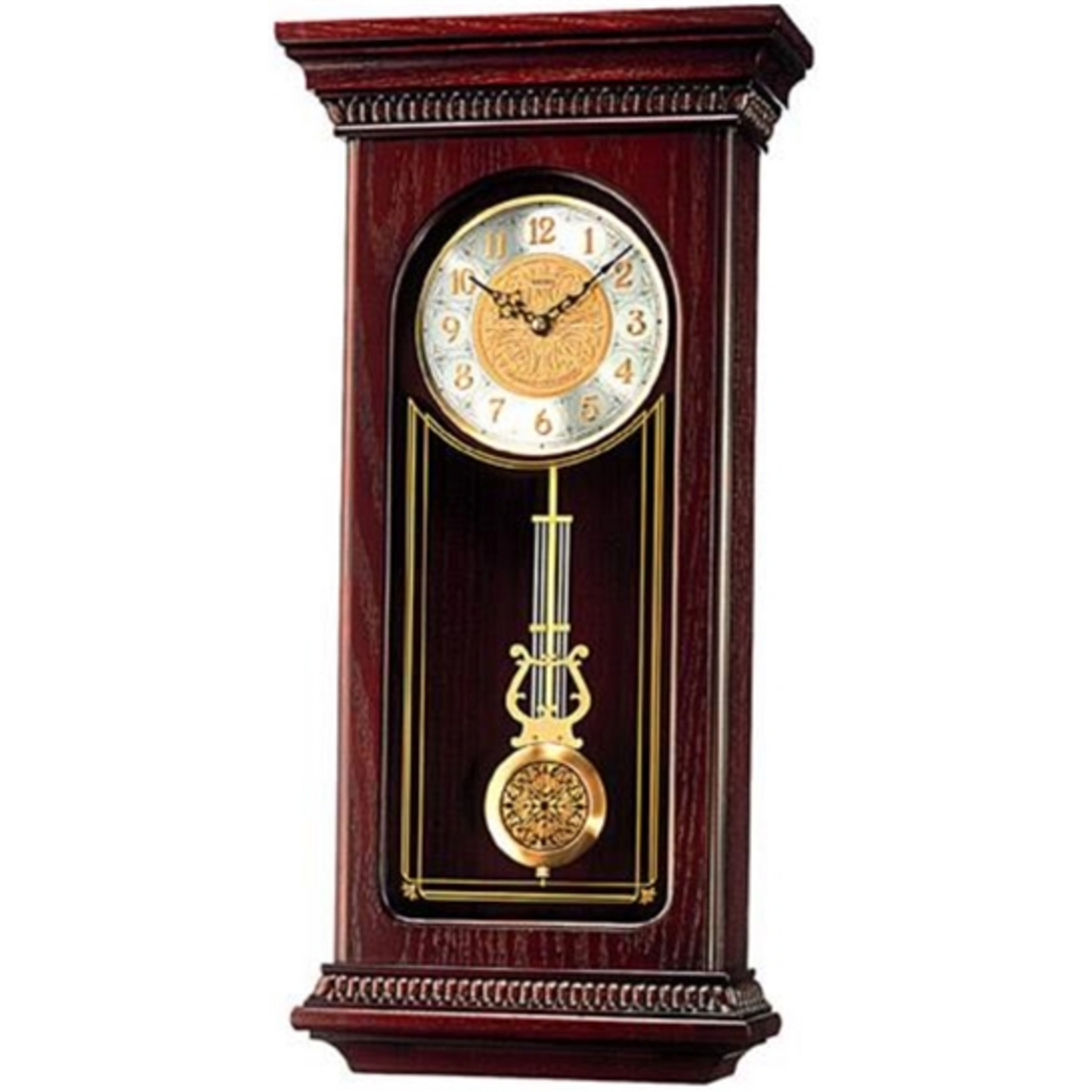 MAHOGANY WALL CLOCK W PENDULUM AND CHIME, BROWN