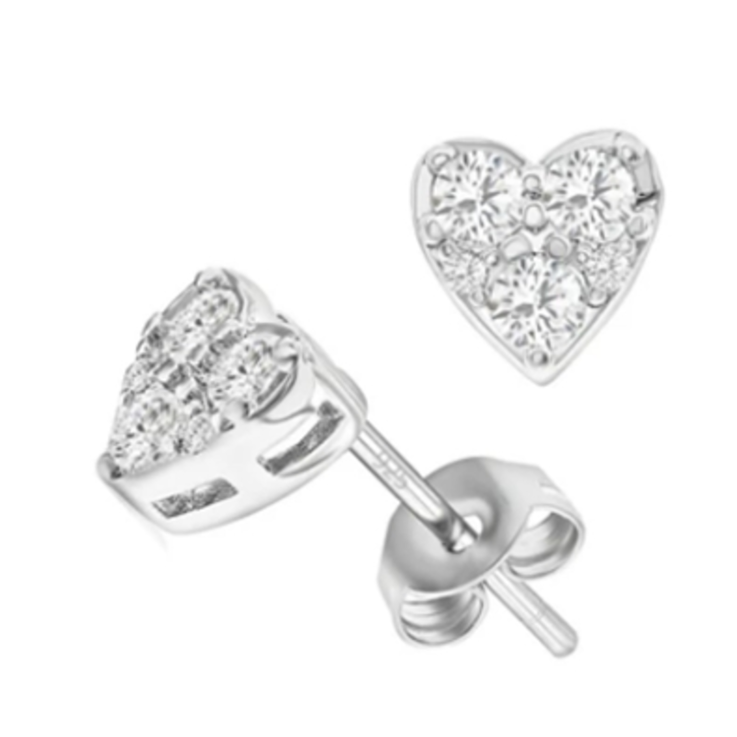 TRI STONE HEART STUDS EARRINGS, SILVER, 6MM