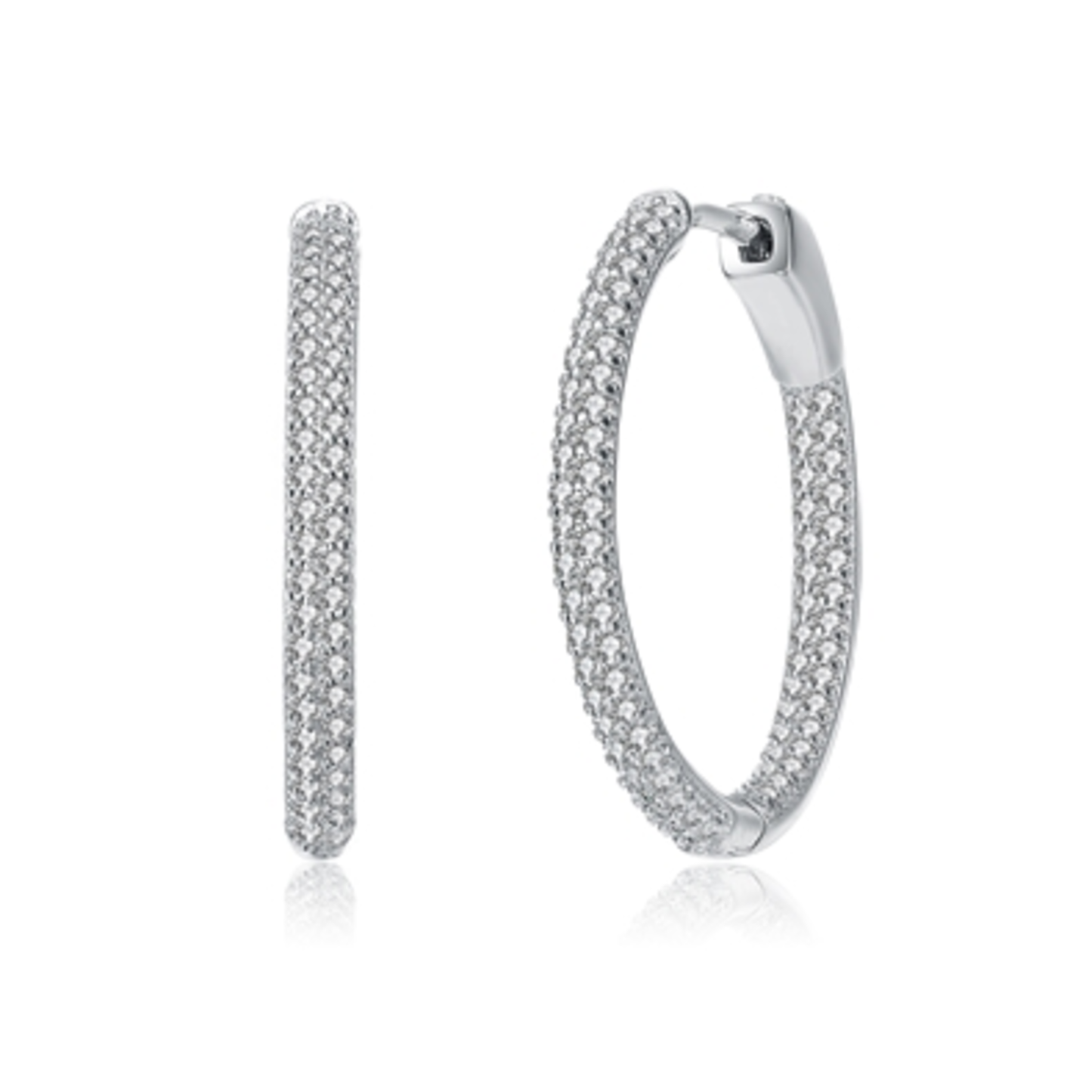 ENCRUSTED THIN CZ HOOP EARRINGS, CLEAR, 0.98