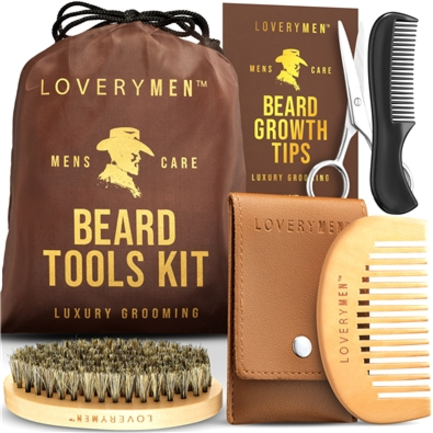 LOVERYMEN BEARD TOOLS KIT, BROWN, GOLD, 7 PIECES