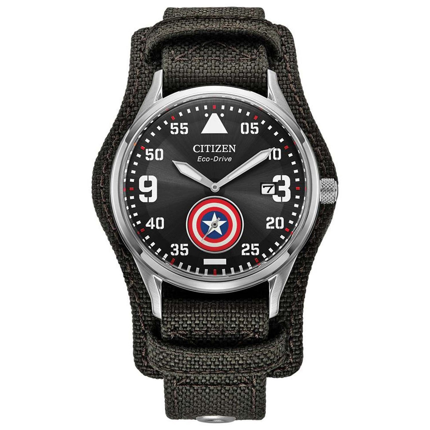 MEN'S CAPTAIN AMERICA FOREVER ECO-DRIVE GRAY CORDURA STRAP WATCH, BLACK DIAL