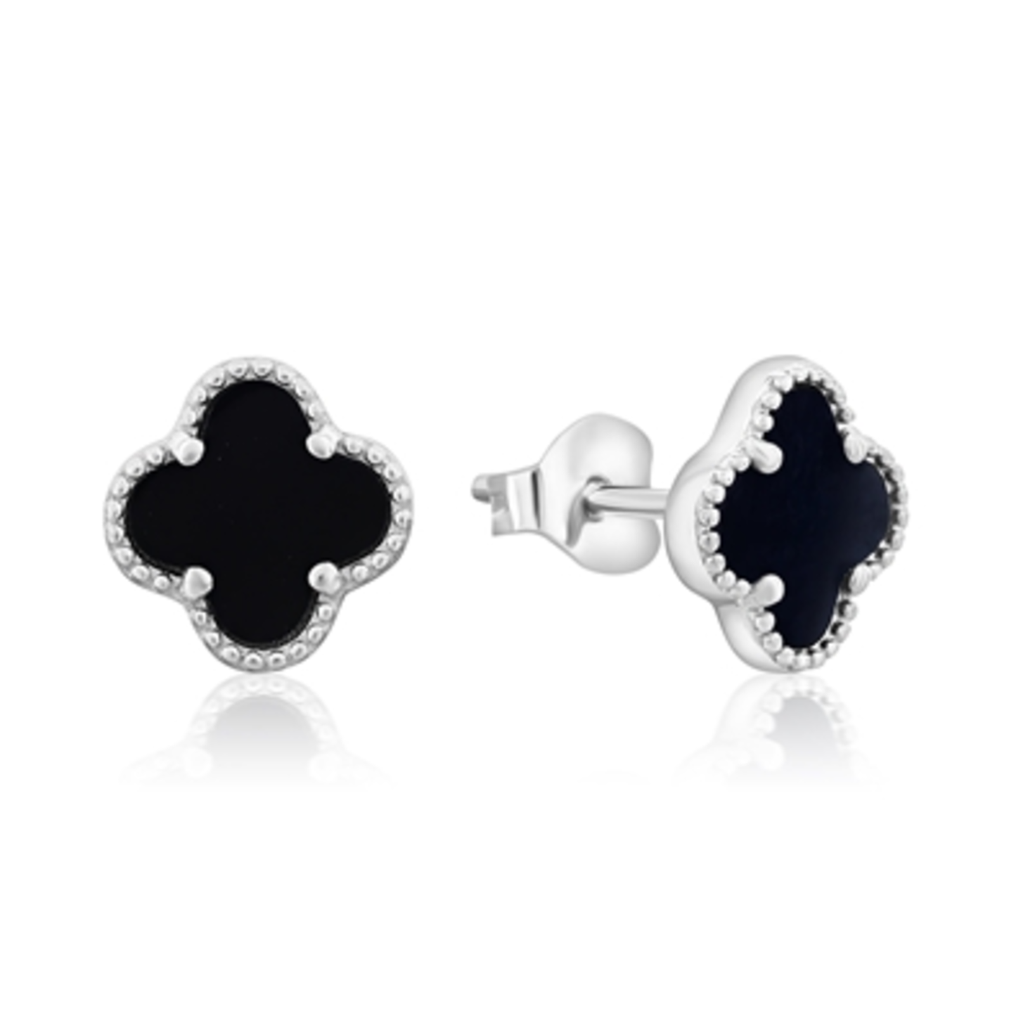 STERLING SILVER BLACK ONYX CLOVER STUDS, BLACK, 7MM