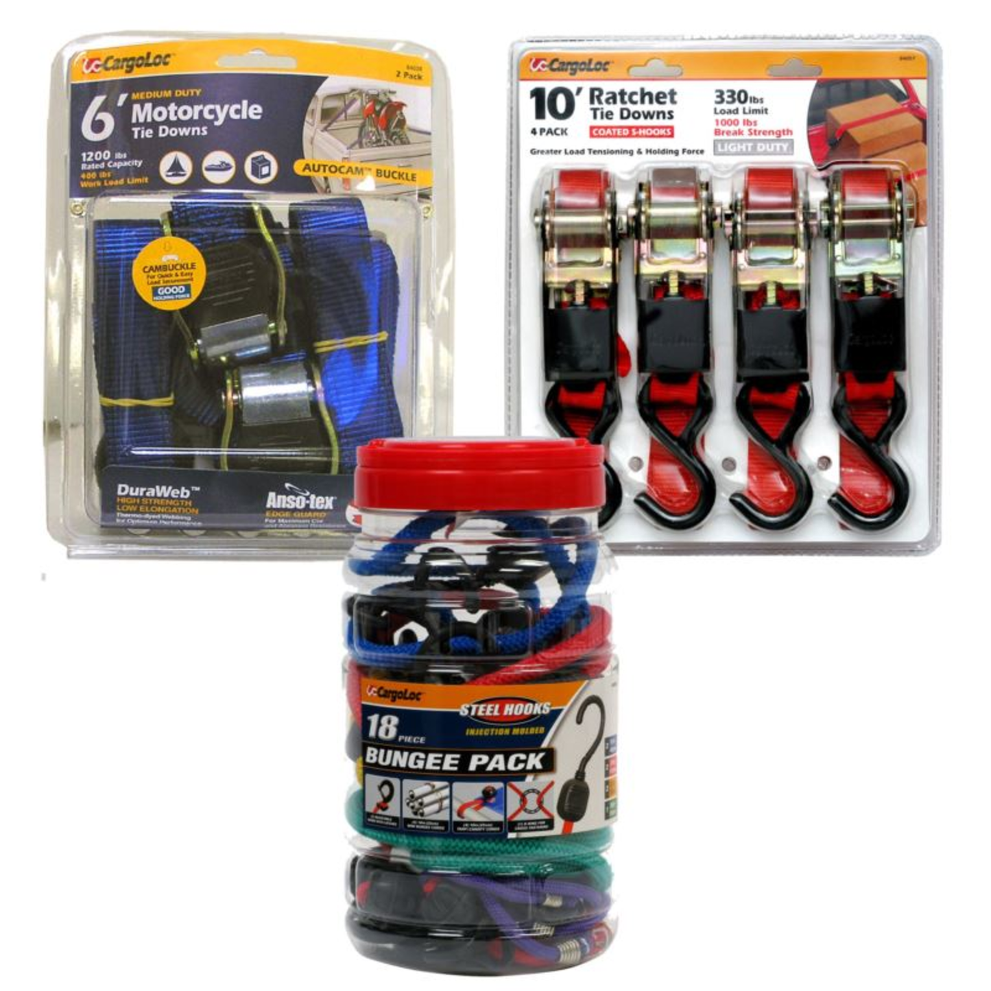 18 - PIECE CARGOLOC BUNGEE PACK AND RATCHET TIE DOWN PACKAGE