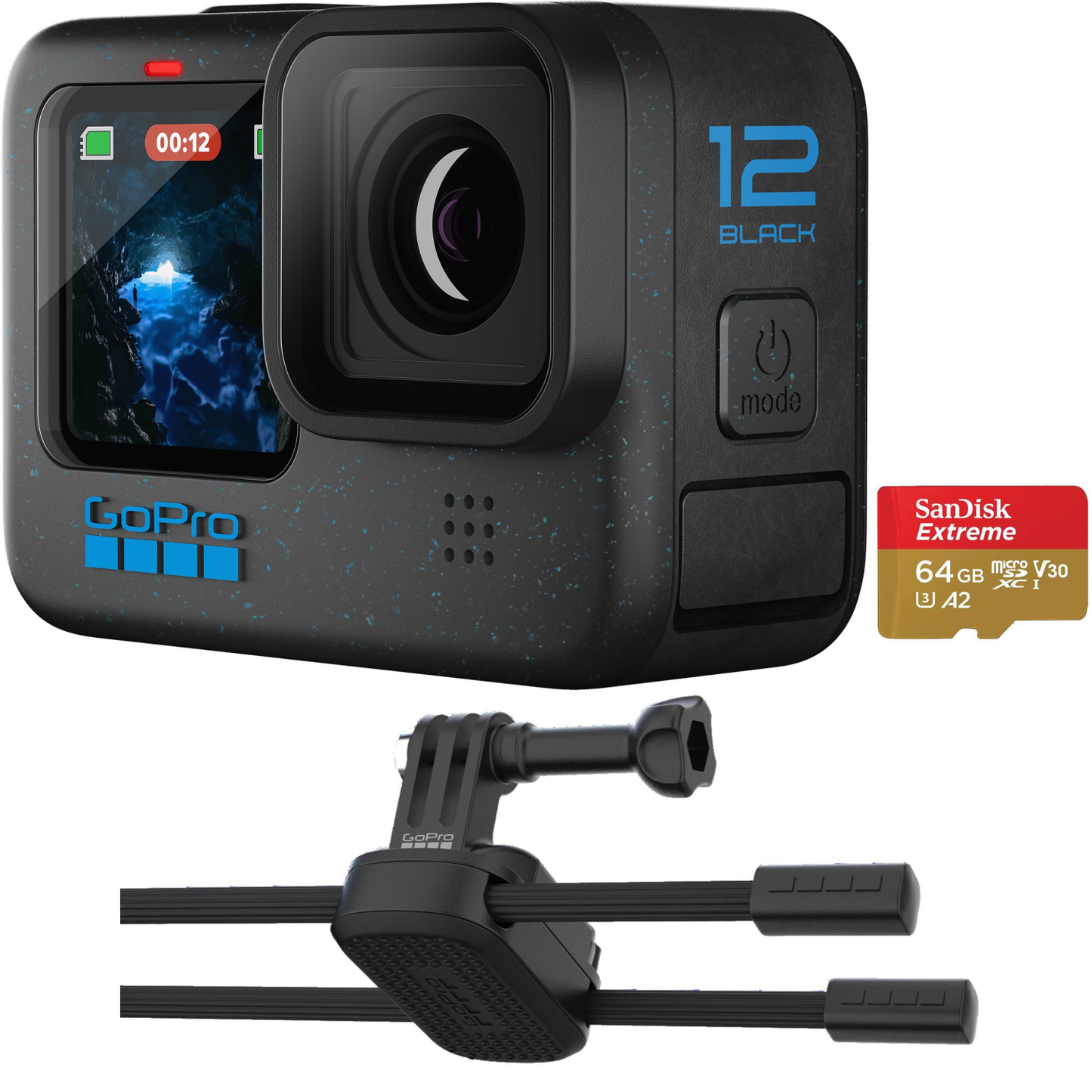 GOPRO HERO12 BLACK + GOPRO FLEXIBLE GRIP MOUNT + GOPRO 64GB MICROSD MEMORY CARD