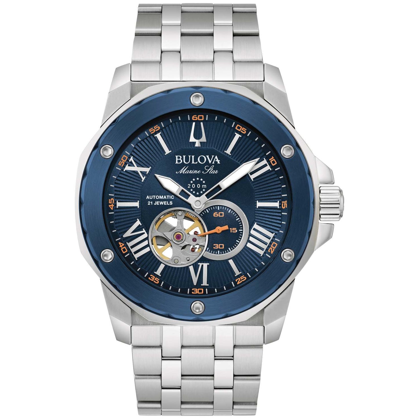 MEN'S MARINE STAR AUTOMATIC SILVER-TONE STAINLESS STEEL WATCH, BLUE DIAL