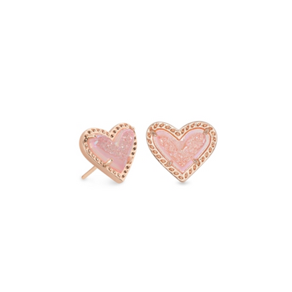 ARI HEART STUD EARRING, ROSE GOLD PINK DRUSY