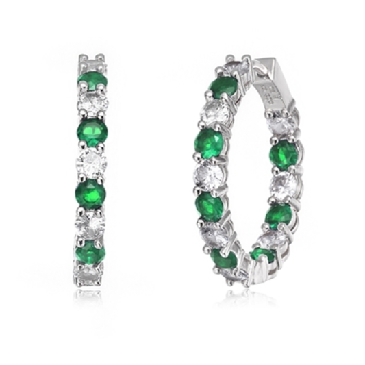 CZ RHODIUM GREEN CLASSIC HOOP EARRINGS, GREEN