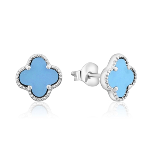 STERLING SILVER CLOVER STUDS, BLUE, 7MM