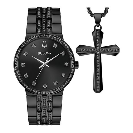 MENS CLASSIC CRYSTAL BLACK ION-PLATED WATCH & CROSS NECKLACE