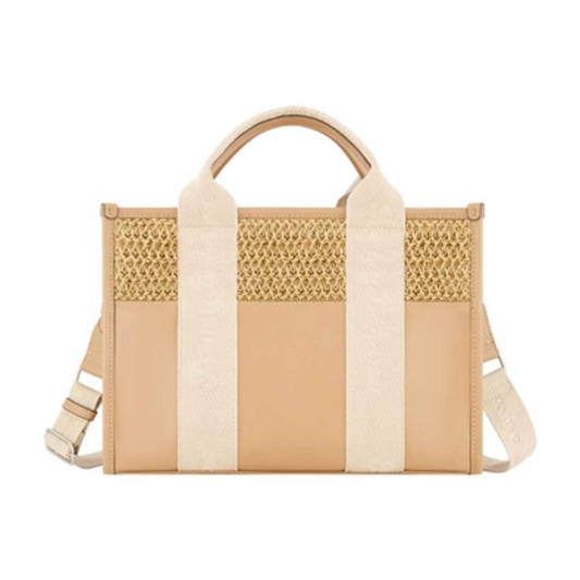 RAFFIA LOGO WEBBING MODERN TOTE, TAN