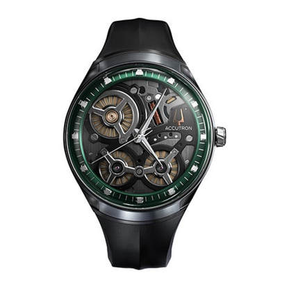 MEN'S ACCUTRON DNA ELECTROSTATIC GREEN & BLACK RUBBER STRAP WATCH, GRAY DIAL