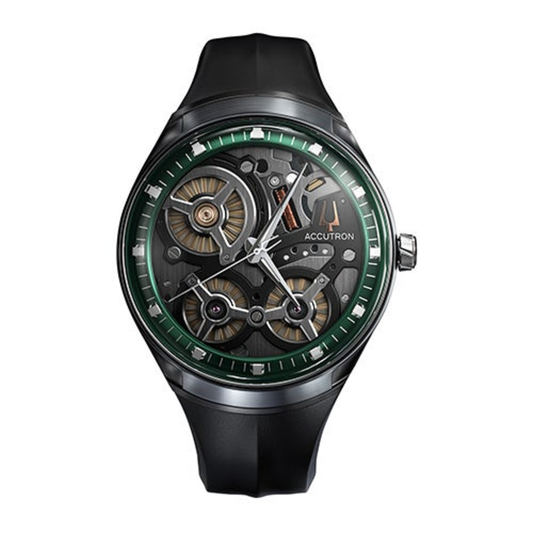 MEN'S ACCUTRON DNA ELECTROSTATIC GREEN & BLACK RUBBER STRAP WATCH, GRAY DIAL