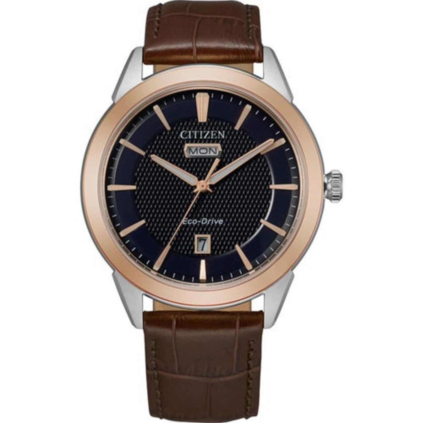 MEN'S ROLAN ECO-DRIVE BROWN LEATHER STRAP WATCH, NAVY DIAL