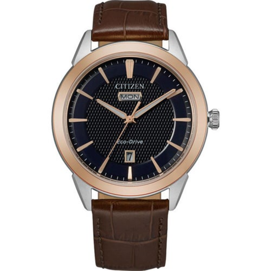 MEN'S ROLAN ECO-DRIVE BROWN LEATHER STRAP WATCH, NAVY DIAL