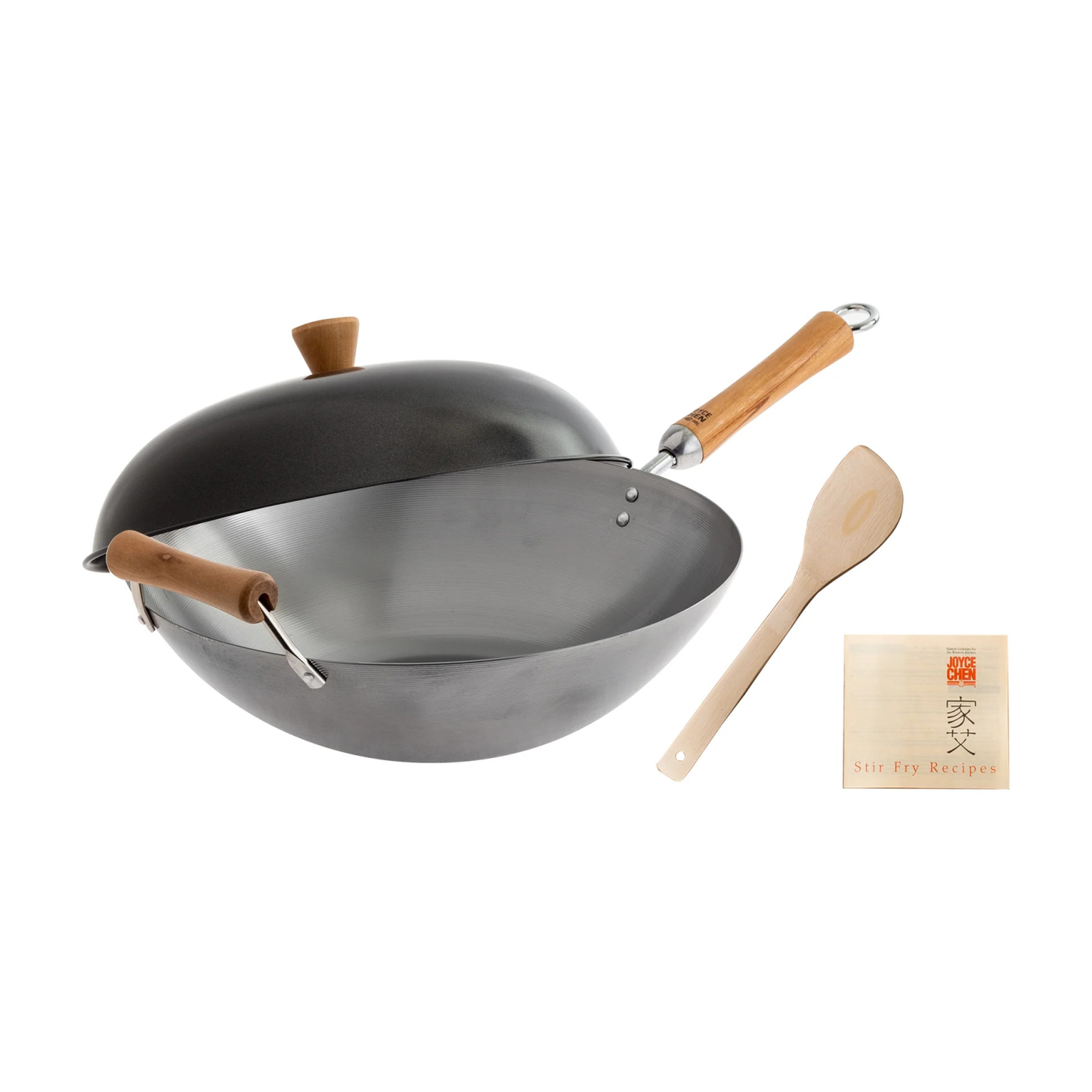 JOYCE CHEN CLASSIC SERIES 14-INCH UNCOATED CARBON STEEL FLAT BOTTOM WOK SET WITH LID AND BIRCH HANDLES - 4 PIECES