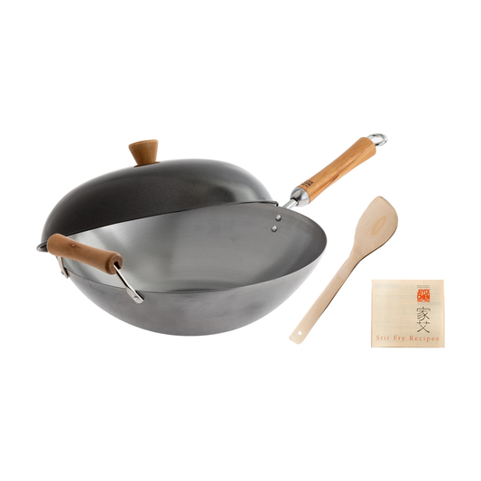 JOYCE CHEN CLASSIC SERIES 14-INCH UNCOATED CARBON STEEL FLAT BOTTOM WOK SET WITH LID AND BIRCH HANDLES - 4 PIECES