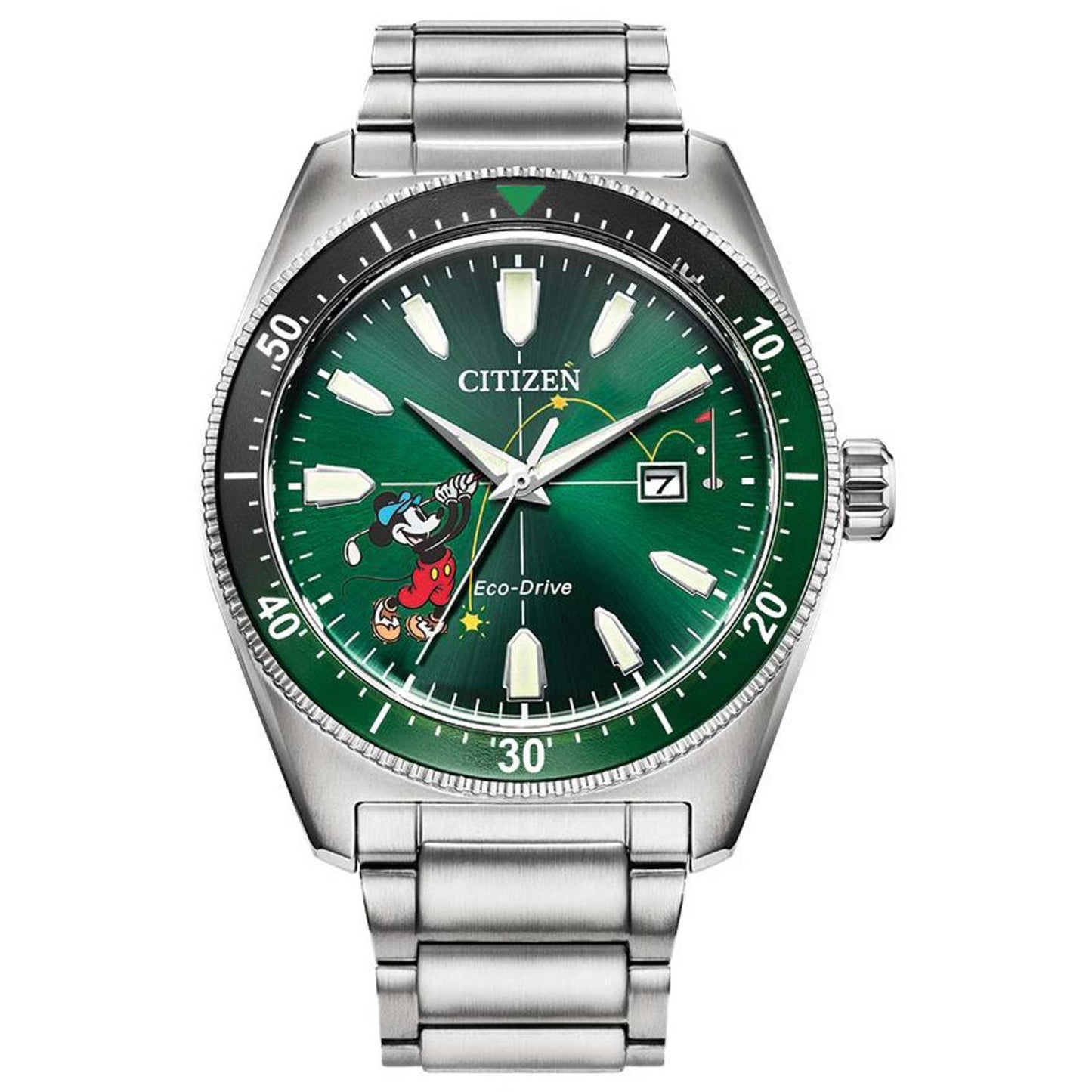 MEN'S TEE TIME MICKEY ECO-DRIVE SILVER-TONE STAINLESS STEEL WATCH, GREEN DIAL