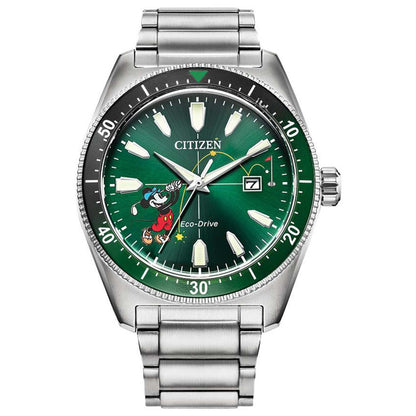 MEN'S TEE TIME MICKEY ECO-DRIVE SILVER-TONE STAINLESS STEEL WATCH, GREEN DIAL