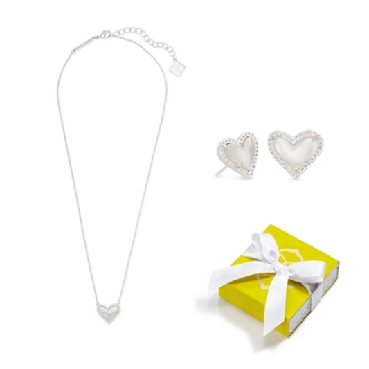 ARI HEART PENDANT & STUD EARRINGS, RHODIUM IVORY MOP