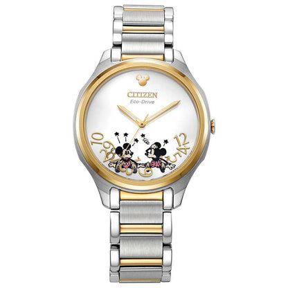 LADIES' FALLING MICKEY & MINNIE ECO-DRIVE TWO-TONE SS WATCH, SILVER DIAL