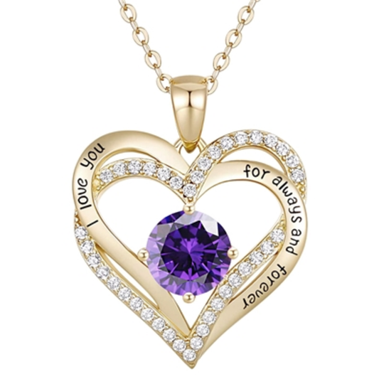 14K GOLD TWIN PURPLE HEART NECKLACE, PURPLE, 18"
