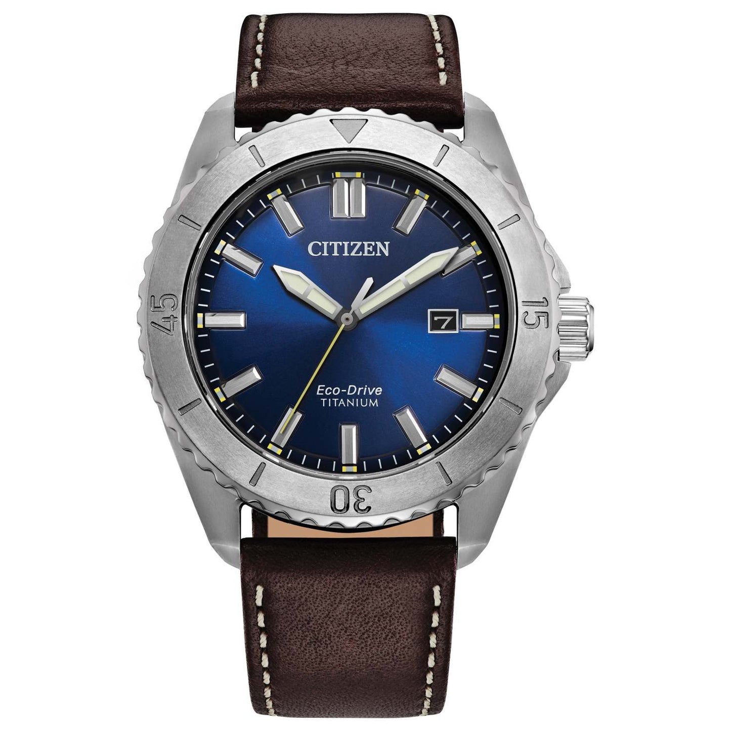 MEN'S BRYCEN SUPER TITANIUM ECO-DRIVE BROWN LEATHER STRAP WATCH, BLUE DIAL