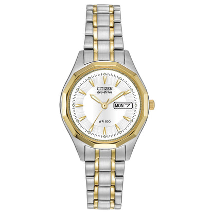 LADIES' CORSO ECO-DRIVE TWO-TONE STAINLESS STEEL 12-SIDED WATCH, WHITE DIAL