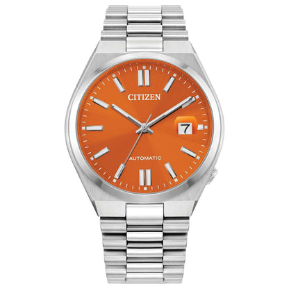 MEN'S TSUYOSA AUTOMATIC SILVER-TONE STAINLESS STEEL WATCH, ORANGE DIAL