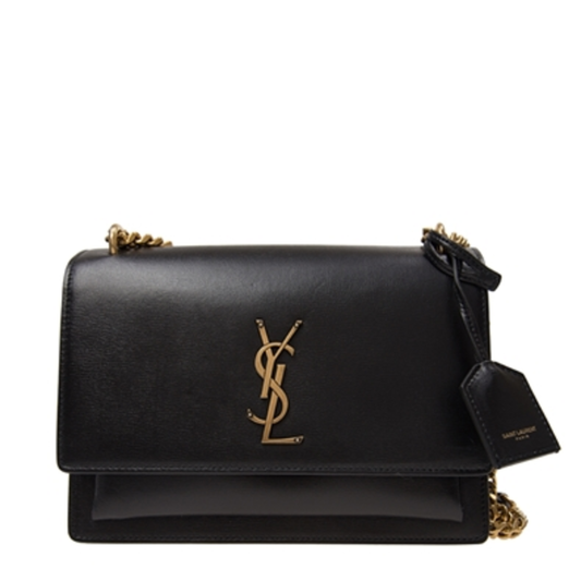 SUNSET CHAIN BAG IN SMOOTH LEATHER, BLACK, MEDIUM